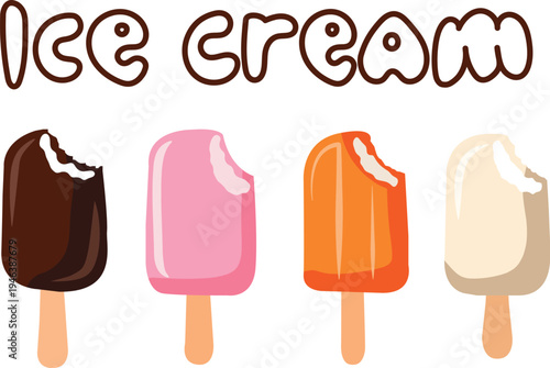 Set of vector hand-drawn ice cream bitten popsicles with word ice cream in a doodle style on a transparent background