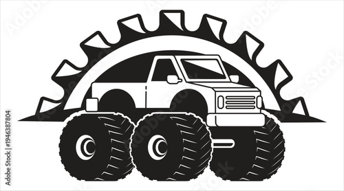 Monster truck black and white vector graphic with giant gear cog