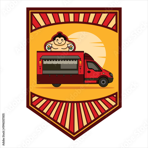 A happy cartoon sumo wrestler rides on top of an asian food truck