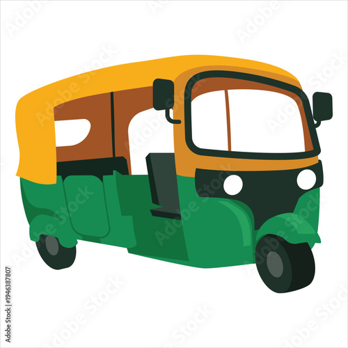 An indian auto rickshaw with green and yellow roof isolated on white