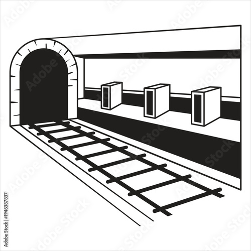 A monochrome illustration of a subway station with train tracks