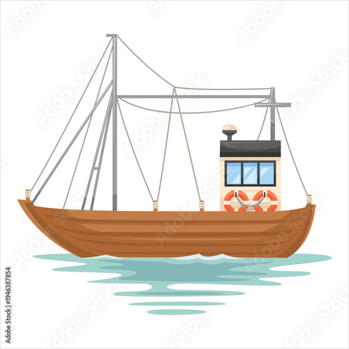 Fishing trawler boat floating on blue water surface