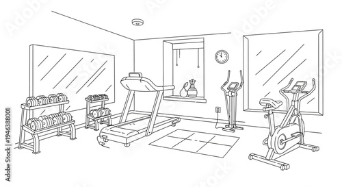 A detailed line art drawing of a home gym with various exercise equipment.