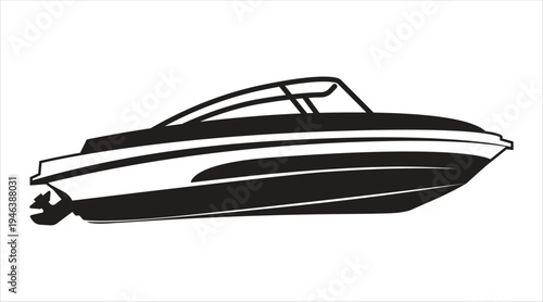 Black silhouette of modern speedboat isolated on white background