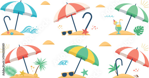 Summer beach umbrellas with tropical elements waves sunglasses cocktail and palm trees colorful vacation vector illustration set