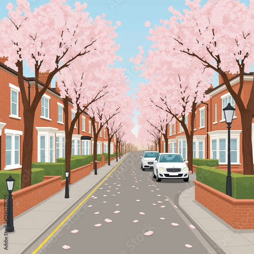 A serene street lined with blooming cherry blossom trees and parked cars