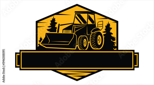 Bulldozer tractor badge design with forest trees and empty banner