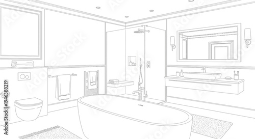A detailed line drawing of a modern luxury bathroom interior with a freestanding tub, walk-in shower, and double vanity.