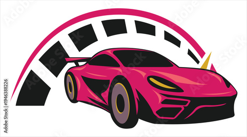 Pink sports car with speed indicator in flat design