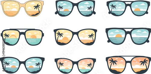 Sunglasses with tropical sunset reflections collection, stylish summer eyewear with beach, palm trees and ocean view cartoon illustration set