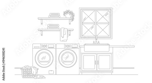 Line art illustration of a modern laundry room with appliances, sink, and shelves.