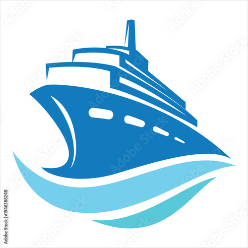 Cruise ship logo design with blue ocean waves and deck details
