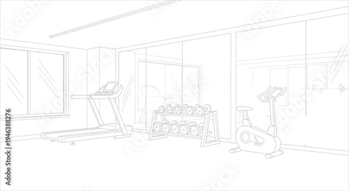Line art illustration of a modern gym interior featuring a treadmill, exercise bike, and dumbbell rack.