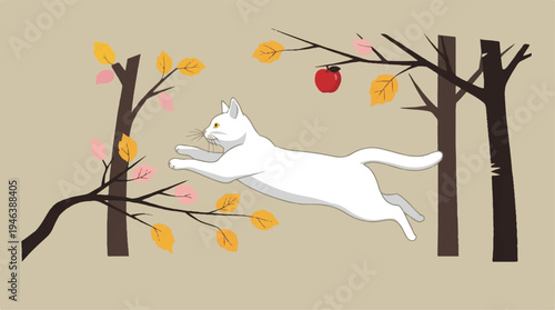 white cat jumping between trees with autumn leaves and an apple