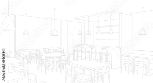 Architectural line drawing of a modern restaurant interior with tables, chairs, and a bar area.