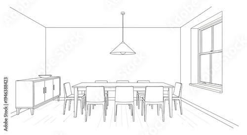 Line drawing of a modern dining room with a long table, eight chairs, a sideboard, and a window, featuring a minimalist interior design.
