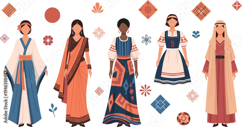 Traditional women costumes collection with ethnic cultural dresses and folk fashion outfits vector illustration set