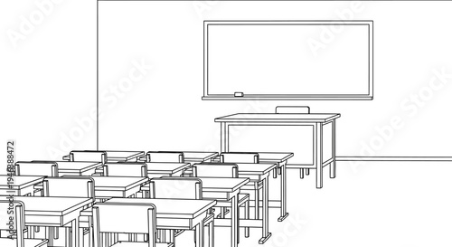 Outline drawing of an empty classroom with rows of desks, chairs, a teacher's desk, and a whiteboard on the wall, depicting an academic setting.