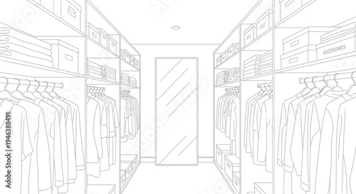 Line art illustration of a modern walk-in closet with clothes, shelves, and a mirror.