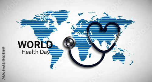 Celebrating World Health Day A Stethoscope Forming a Heart on a World Map to Symbolize Global Health Initiatives