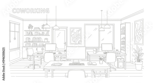 Detailed line art illustration of a modern coworking office space with multiple desks, computers, and office furniture.