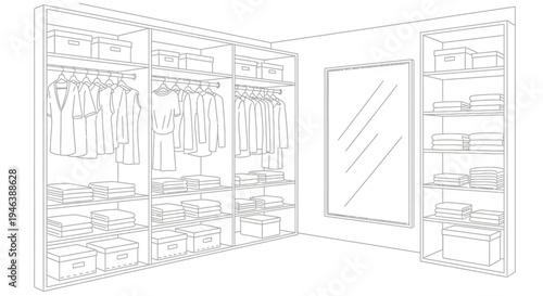 Outline drawing of a modern walk-in closet with shelves, hanging clothes, storage boxes, and a large mirror.