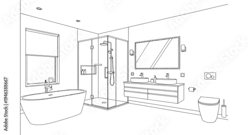 Detailed line drawing of a modern bathroom interior featuring a bathtub, glass shower, and double vanity.