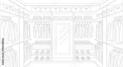 Detailed line drawing of a spacious walk-in closet with clothes, shoes, and storage boxes.
