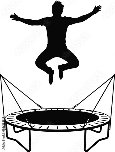 Man jumping on trampoline silhouette isolated on white background, fitness exercise activity, acrobatic jump training and recreational sport illustration