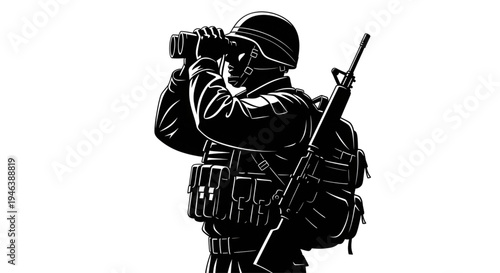 Military Scout Silhouette using Binoculars for Long Range Reconnaissance