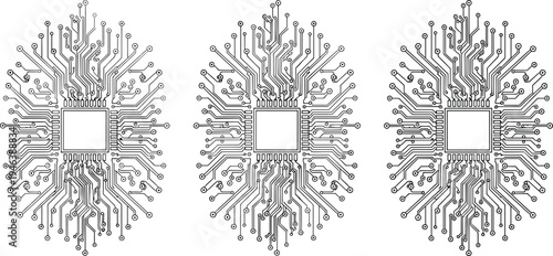 Microchip processor with electronic circuit lines pattern, technology motherboard illustration symbolizing digital network, computing hardware, and futuristic tech design