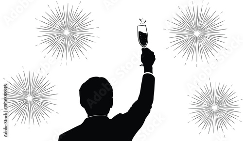 Man raising champagne glass celebrating with fireworks burst background, party celebration silhouette vector illustration for success, toast, festival event concept