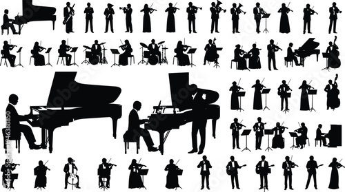 Orchestra musicians silhouette collection with piano violin cello and band performers isolated on white background for classical music design