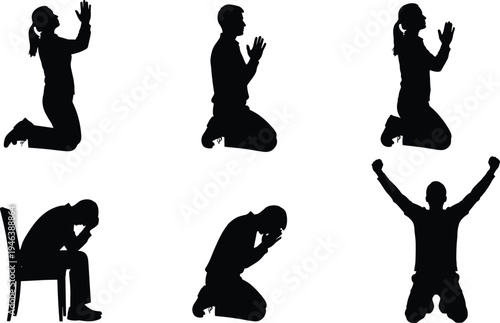 Praying people silhouettes collection with kneeling man and woman prayer poses isolated on white background spiritual faith concept