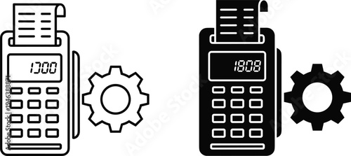 POS payment terminal with receipt printer and settings gear icon, digital transaction device vector illustration for retail and banking