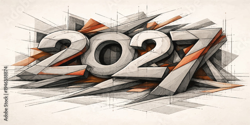 Abstract Sketch Style 2027 Numbers with Geometric Lines and Orange Accents