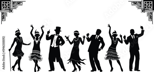 Roaring twenties dancers silhouettes with flapper dresses and vintage gentlemen isolated on white background art deco party celebration theme