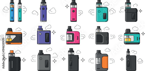 Vape device collection with colorful electronic cigarettes and vapor clouds modern vaping gadget vector illustration set