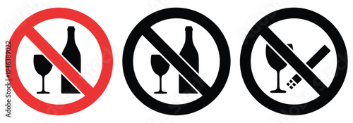 No Alcohol and No Smoking Prohibition Sign Icon Set, Wine Glass and Cigarette Forbidden Symbols, Safety and Health Warning Icons, Public Area Restriction Signs, Vector