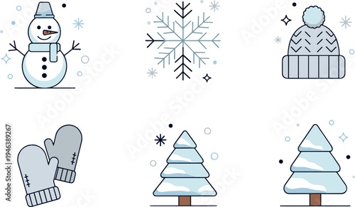 Winter icons collection with snowman, snowflake, knitted hat, mittens and snow covered trees minimal seasonal illustration set