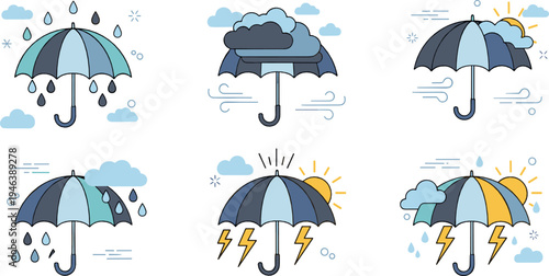 Weather umbrella icons set with rain clouds wind lightning snow and sunshine simple meteorology vector illustration collection