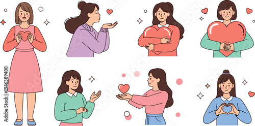 Women holding hearts and expressing love, kindness and compassion, female characters showing care and positive emotions illustration set