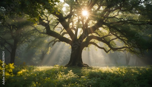 Large tree with sprawling branches standing alone in a misty forest clearing bathed in sunlight filtering through the leaves