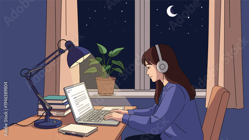 Focused woman with headphones working on a laptop at her desk late at night with a lamp and window view of the stars.
