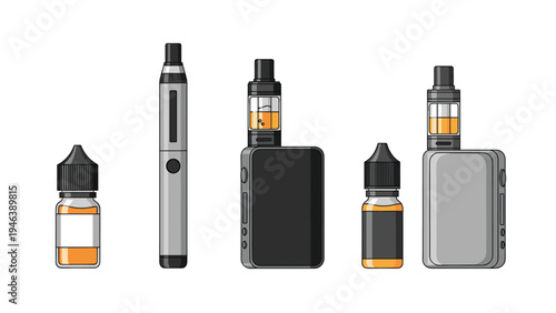 Assorted collection of electronic cigarettes including various vape mods and bottles of flavored liquid for e-cigarette users.
