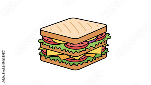 Delicious multi-layered club sandwich filled with fresh lettuce, tomatoes, cheese, and grilled bread on a clean white background.