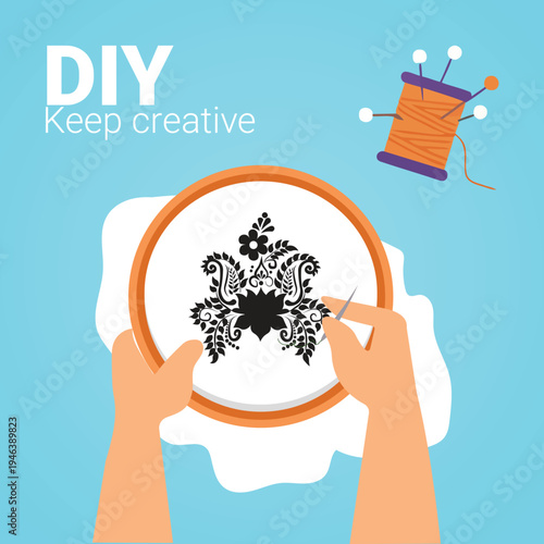 Vector illustration of hands embroidering floral design with DIY text