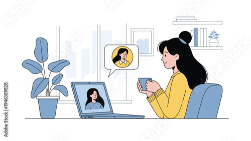 Young woman sitting at her desk and enjoying a cup of coffee while having a friendly video call conversation on her laptop.