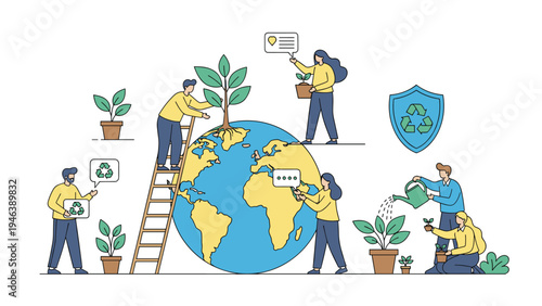 Group of environmentally conscious people working together to plant trees around a large globe to protect the earth and its ecosystem.