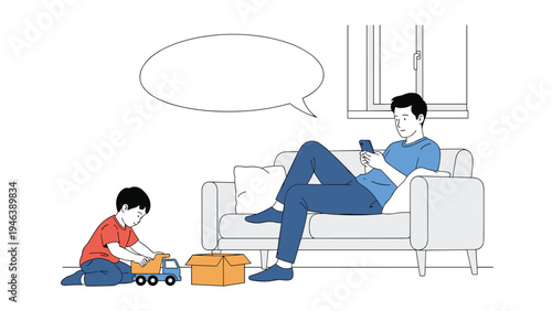 Father sitting on a sofa and using his smartphone while his young son plays with a toy truck on the floor nearby in a living room.